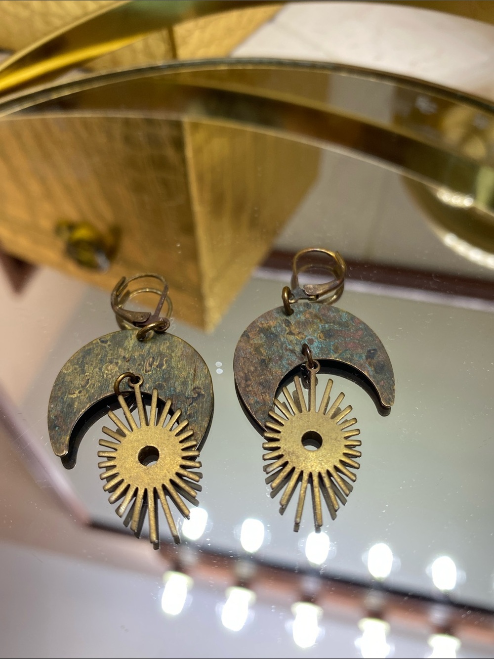 Brass Moon & Sunburst Dangle Earrings - Gold Tone